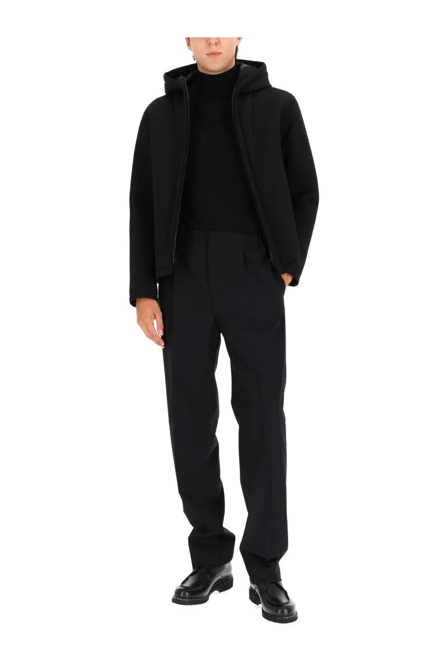 Herno men’s black hooded three layer water repellent jacket with sleek modern design and subtle texture front view
