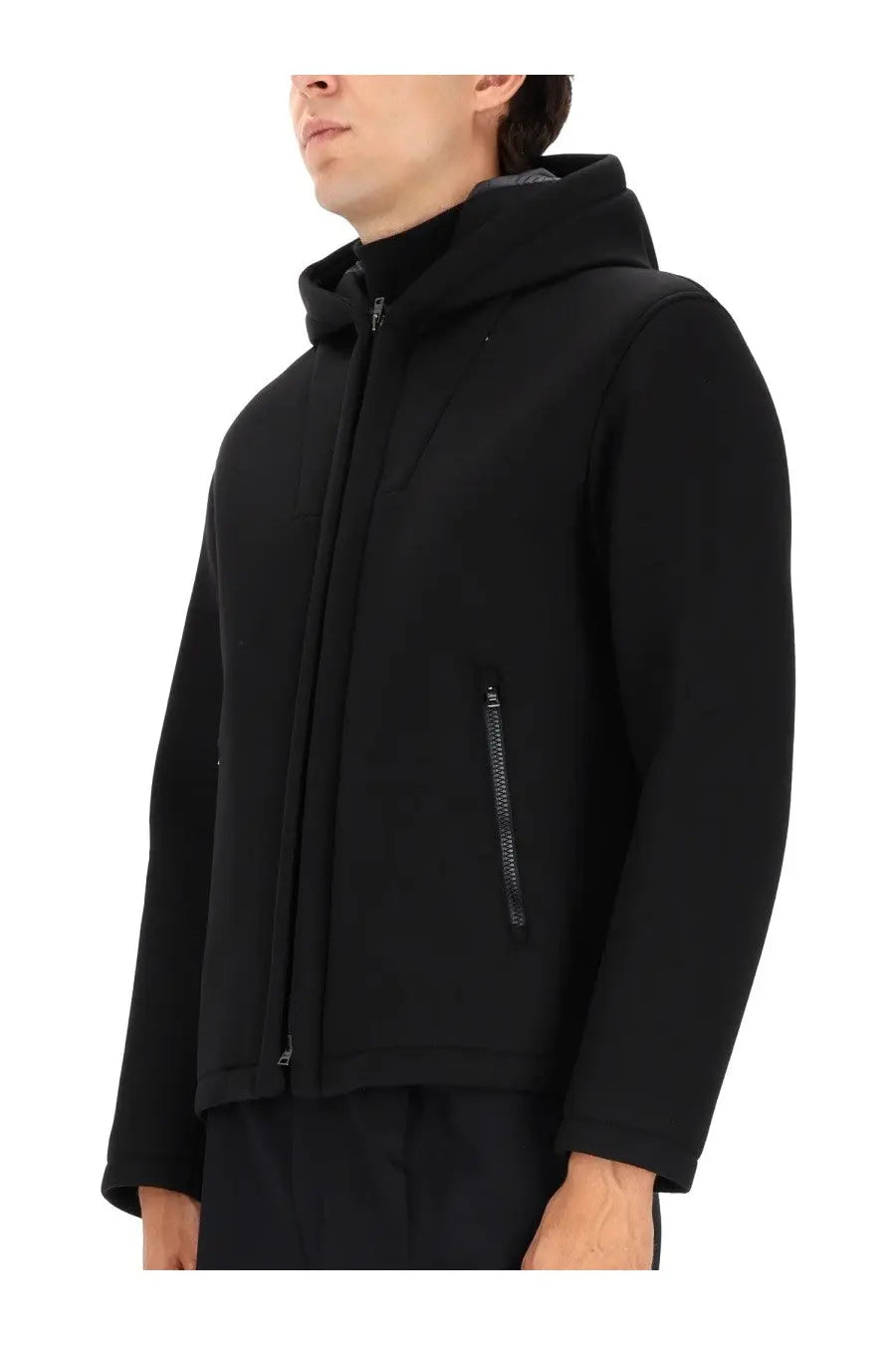 Herno men’s black hooded three layer water repellent jacket with sleek modern design and subtle zipper details