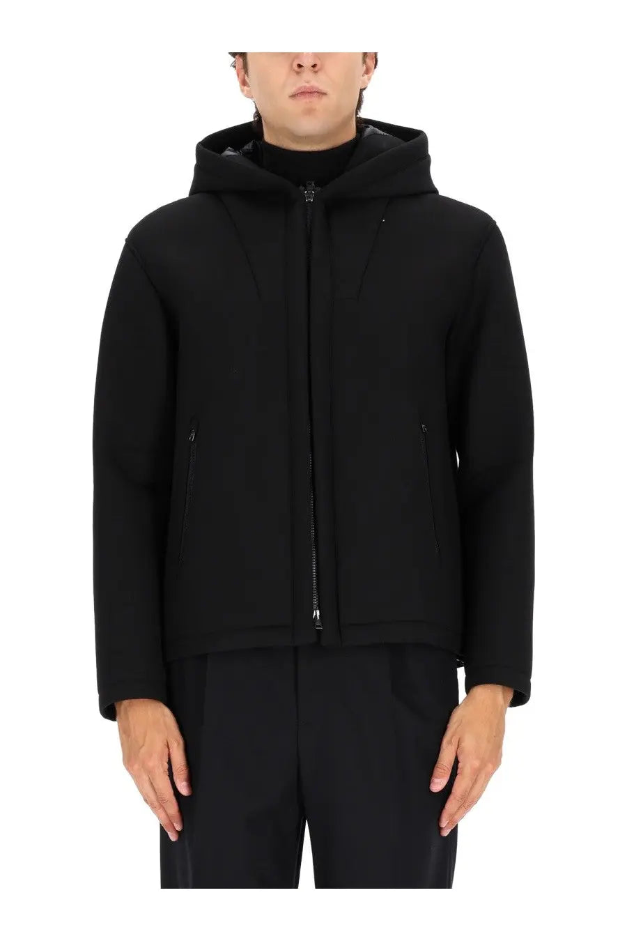 Herno men’s black hooded zip-up jacket with three layer water repellent fabric and subtle side pockets