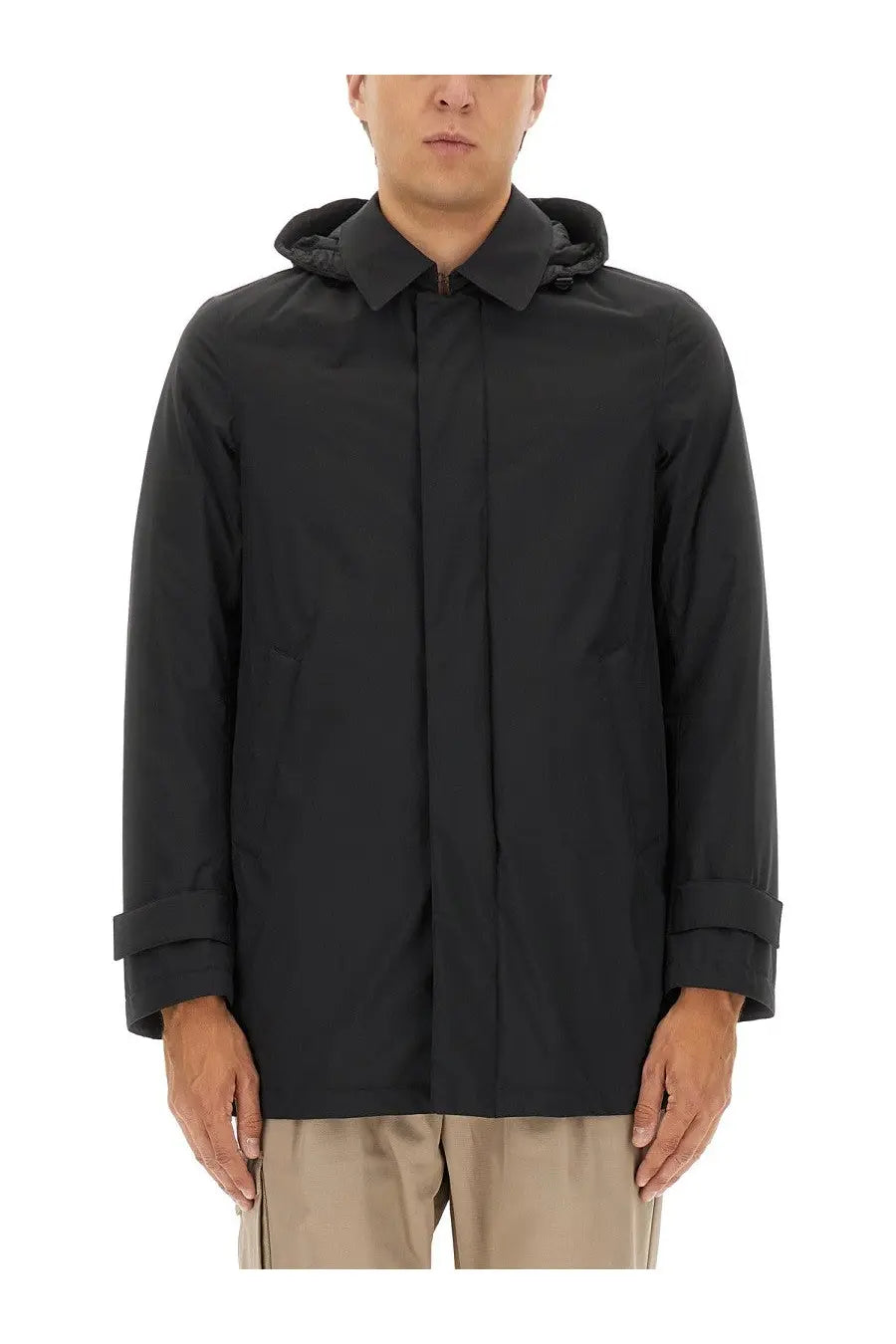 Herno men’s two layer windstopper long parka black hooded coat with sleek minimalist design and subtle vertical seams