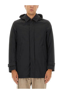 Herno men’s two layer windstopper long parka black hooded coat with sleek minimalist design and subtle vertical seams