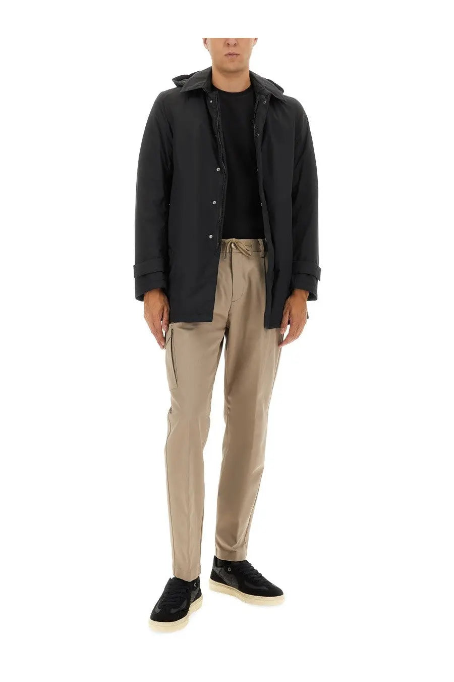 Herno men’s black two layer windstopper long parka with button closure and rolled up sleeves in a hooded jacket style