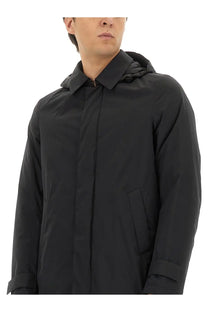 Herno men’s two layer windstopper long parka black with hooded trench coat design and quilted shoulder detailing