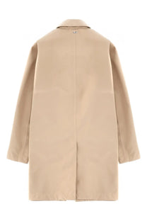 Beige herno men’s waterproof trench coat with classic collar and clean minimalist design front view