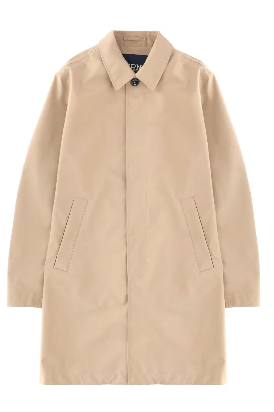 Herno men’s beige waterproof trench coat with classic collar and two slanted pockets made from durable fabric