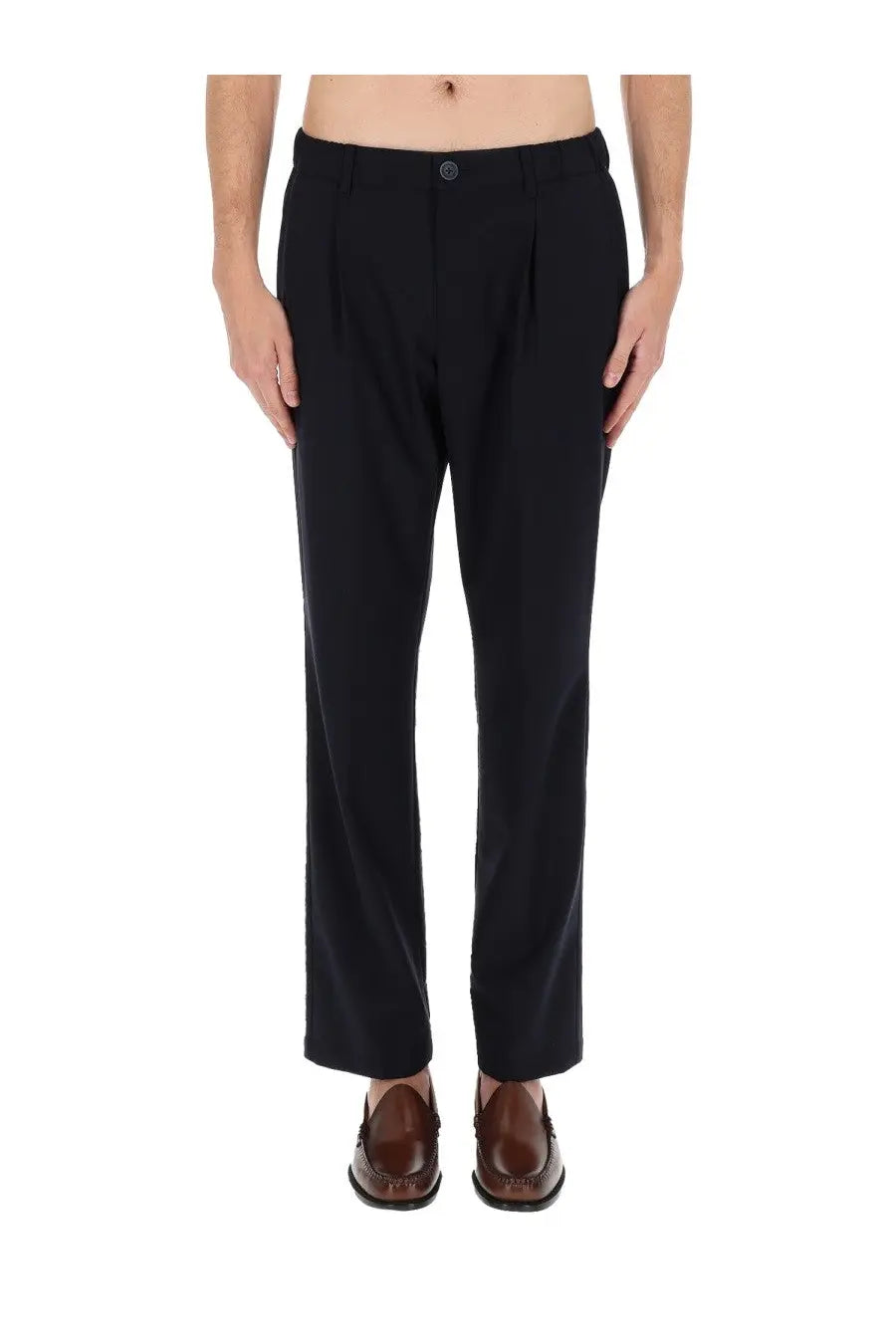 Black pleated trousers with a sleek tailored fit shown from the front contrasting with herno mens wool blend blue pants