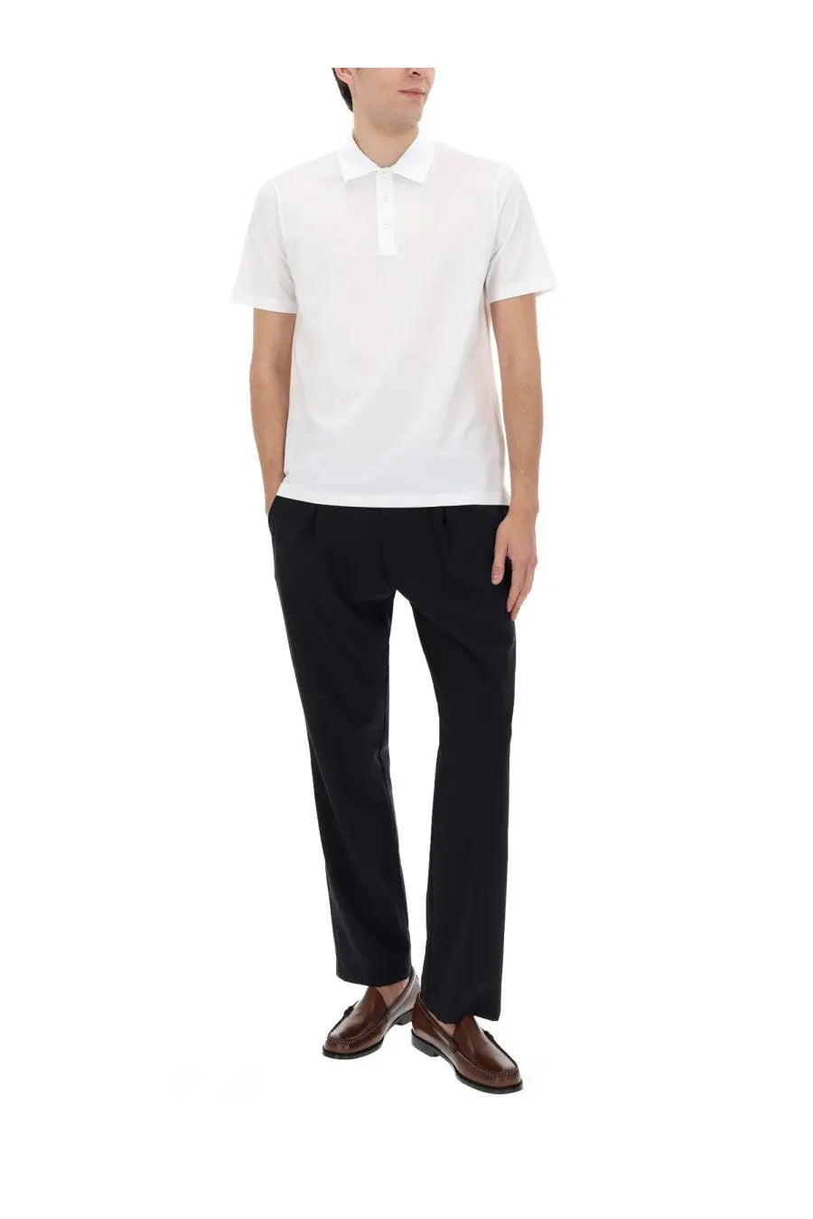 White short-sleeved polo shirt with classic collar paired with herno men’s blue wool blend pants for stylish comfort
