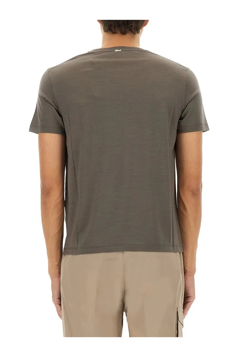 Herno men’s wool shirt grey featuring an olive green short-sleeved textured t-shirt with a small neckline logo