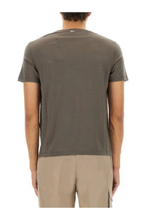 Herno men’s wool shirt grey featuring an olive green short-sleeved textured t-shirt with a small neckline logo