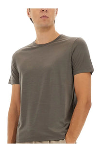 A sleek olive-green cotton t-shirt with a classic crew neck and short sleeves for casual wear