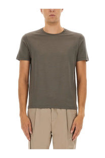 Herno men’s wool shirt grey is a slim-fit olive green cotton t-shirt with subtle ribbed texture and classic crew neckline
