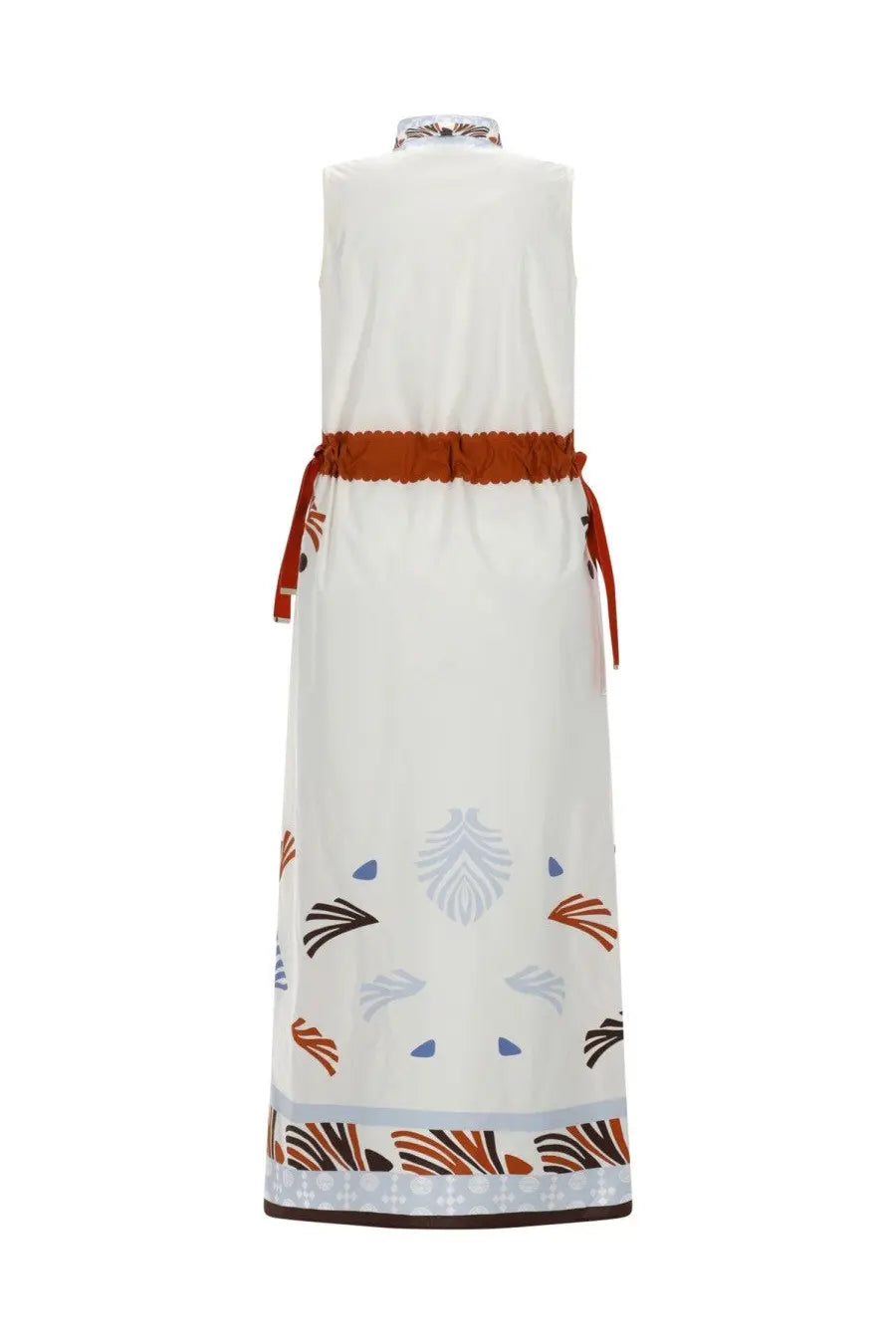 Herno women’s white sleeveless midi dress with rust tie belt and abstract multicolor botanical print