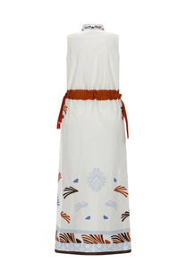 Herno women’s white sleeveless midi dress with rust tie belt and abstract multicolor botanical print