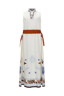 Herno women’s abito midi con stampa multicolor white sleeveless maxi dress with blue orange brown geometric pattern and rust belt