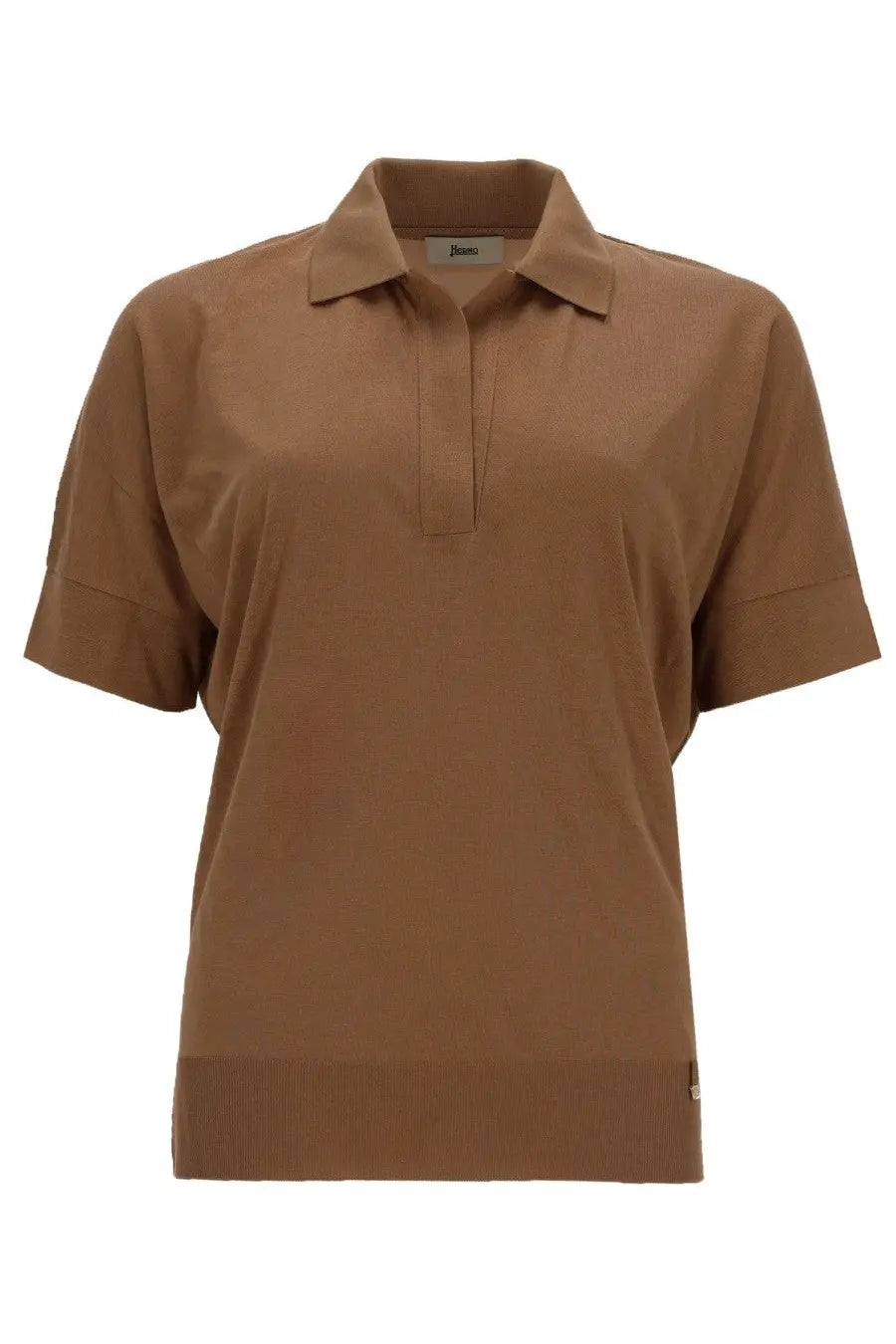 Herno women’s camel-colored cotton blend short-sleeved polo shirt with classic collar and ribbed hem