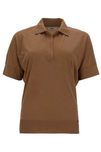 Herno women’s camel-colored cotton blend short-sleeved polo shirt with classic collar and ribbed hem