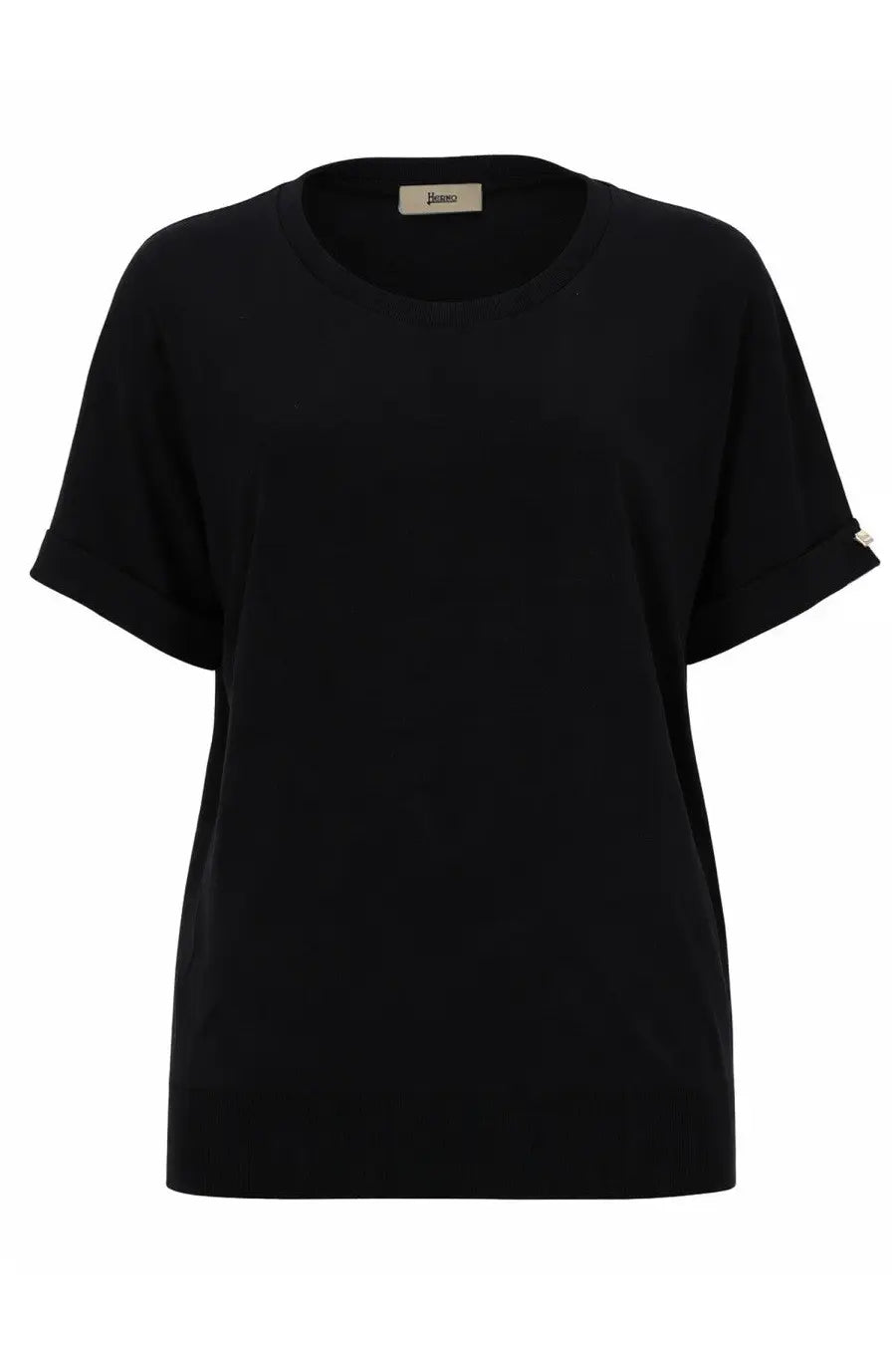 Herno women’s black cotton blend minimalist t-shirt with relaxed fit and rolled-up sleeves
