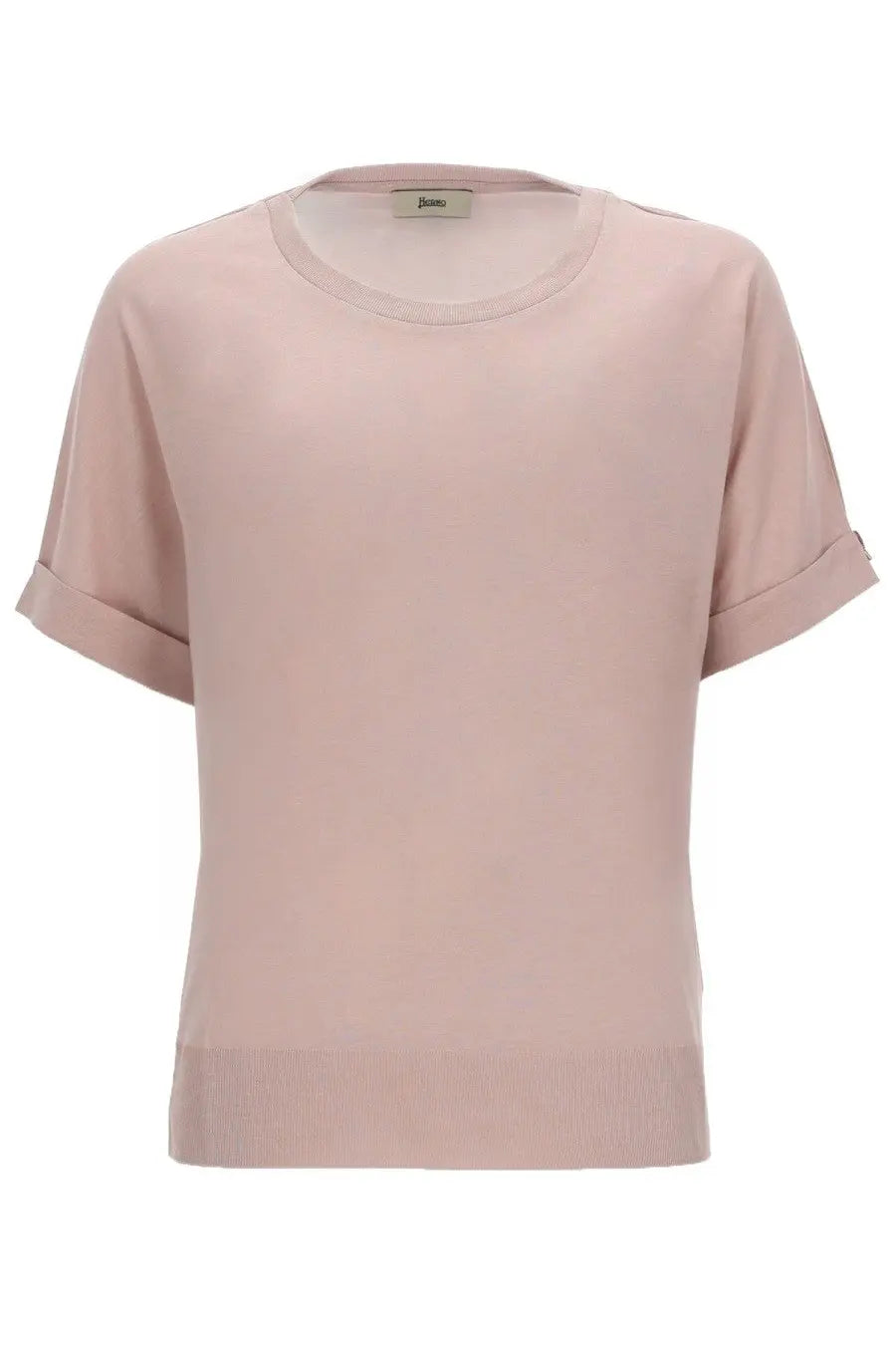 Herno women’s soft blush pink cotton blend short-sleeved top with rolled cuffs and ribbed hem