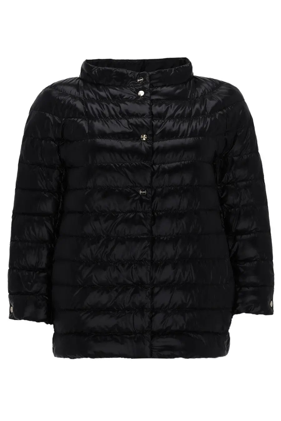 Herno women’s cropped black quilted puffer coat with stand-up collar and silver-toned buttons