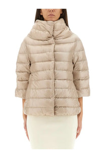 Herno women’s beige quilted down jacket with high collar and three-quarter sleeves in lightweight puffer style