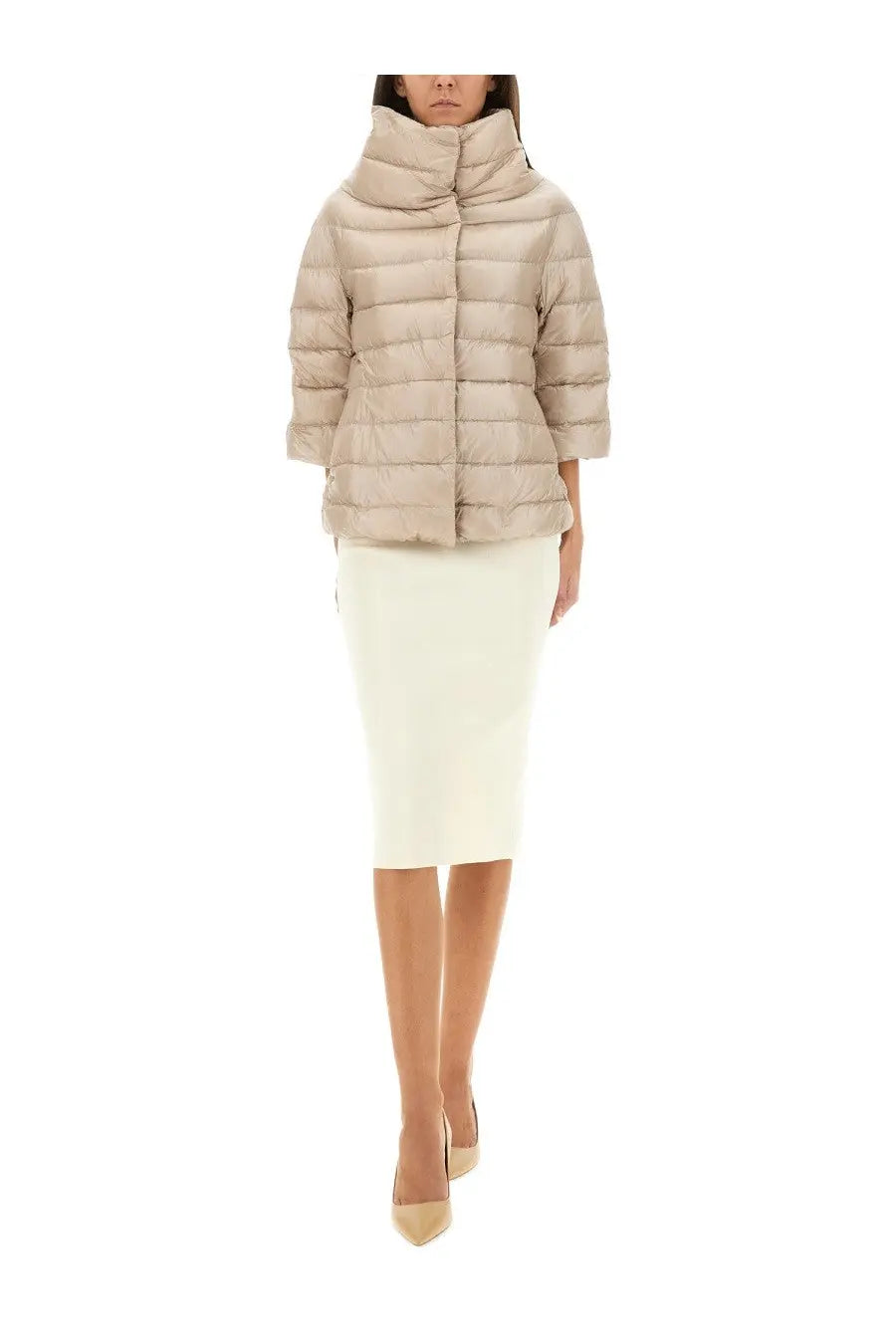 Herno women’s beige down jacket Aminta with quilted puffer design high collar and three-quarter sleeves