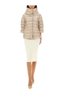 Herno women’s beige down jacket Aminta with quilted puffer design high collar and three-quarter sleeves