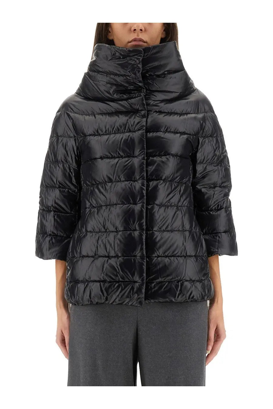 Herno women’s Aminta black down jacket with quilted puffer design high collar and three quarter sleeves