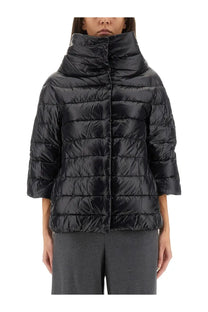 Herno women’s Aminta black down jacket with quilted puffer design high collar and three quarter sleeves
