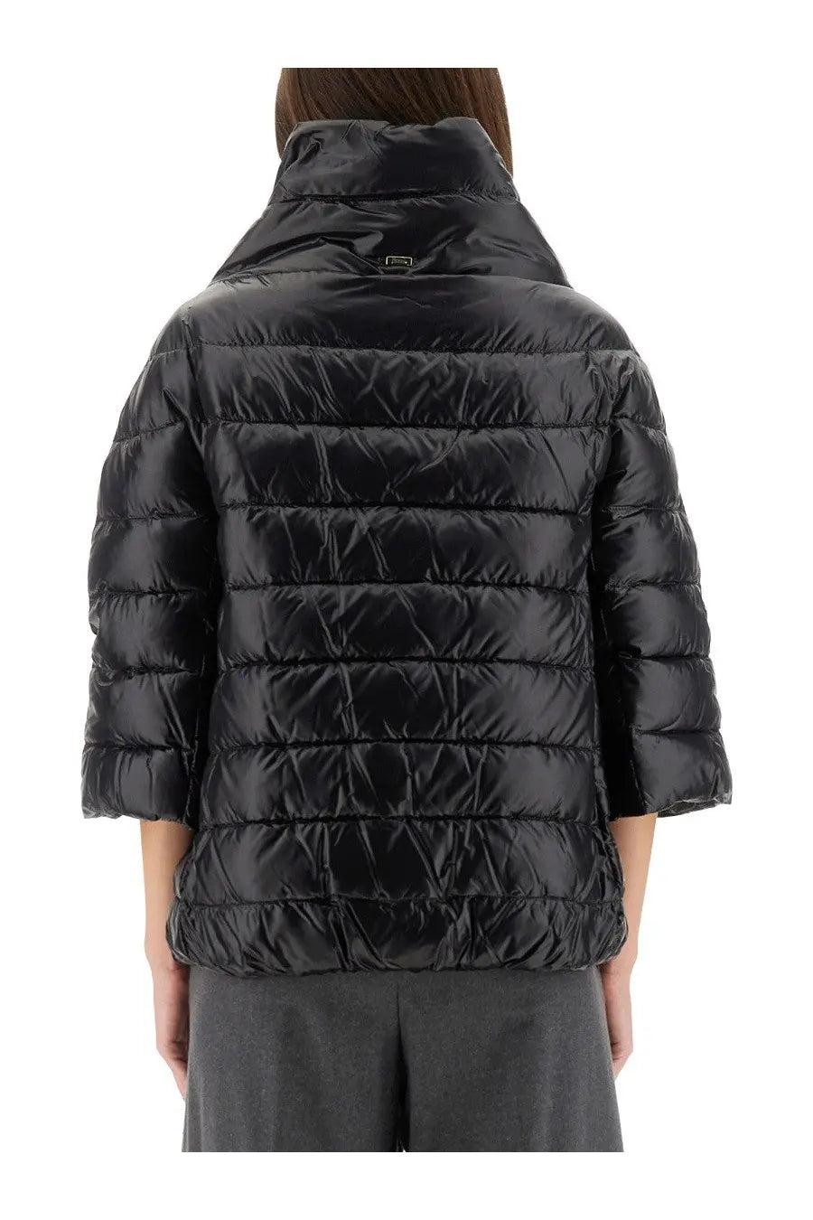 Herno women’s down jacket aminta black quilted puffer jacket with high collar and three quarter sleeves