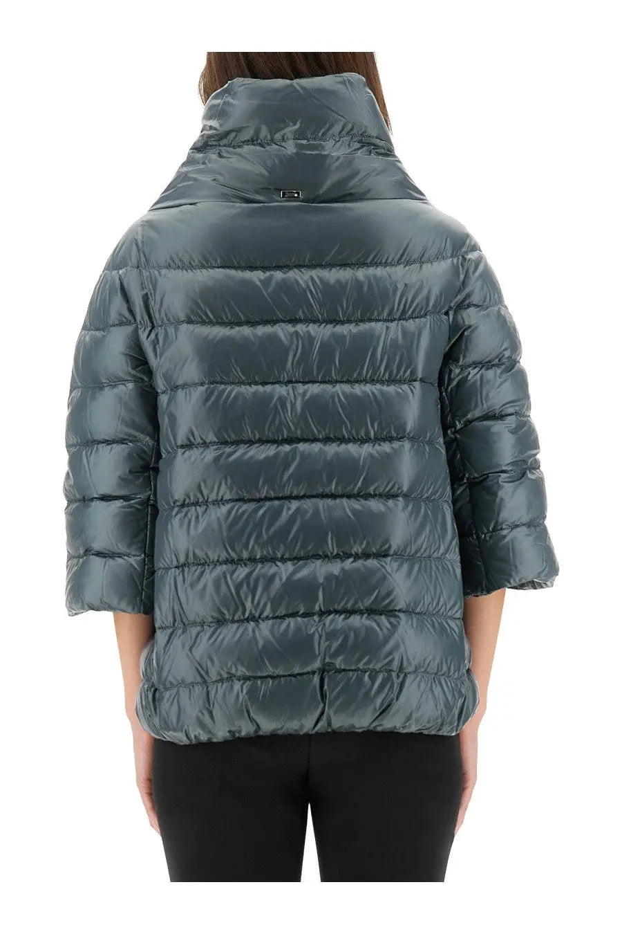 Herno women’s down jacket aminta blue in dark teal quilted puffer design with high collar and three-quarter sleeves