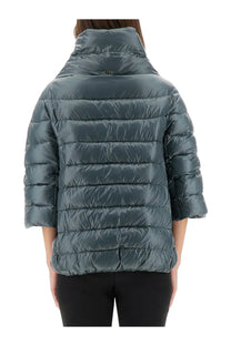 Herno women’s down jacket aminta blue in dark teal quilted puffer design with high collar and three-quarter sleeves