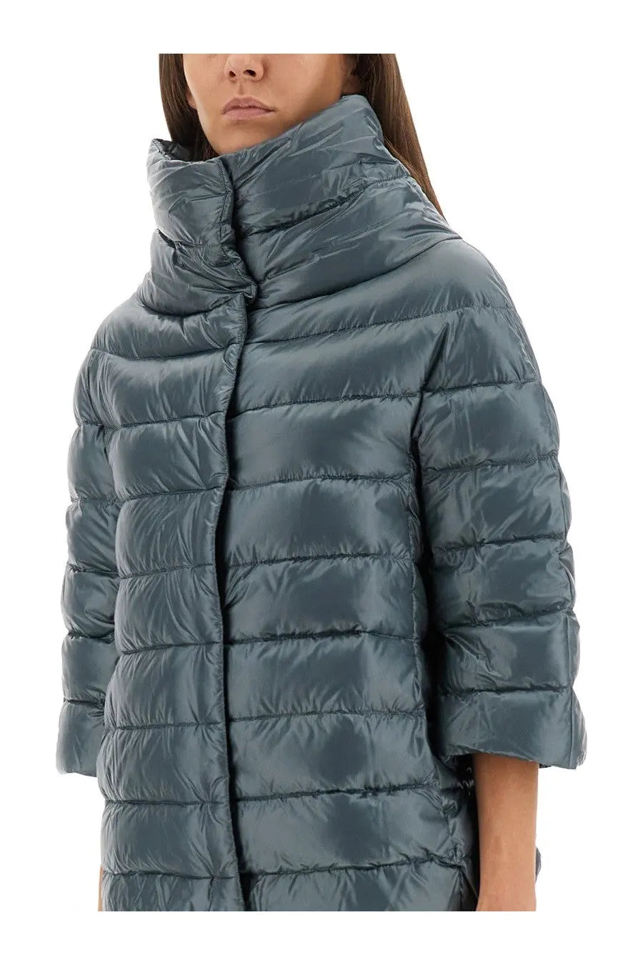 Herno women’s down jacket aminta blue sleek dark teal quilted puffer coat with high collar and three-quarter sleeves