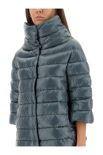 Herno women’s down jacket aminta blue sleek dark teal quilted puffer coat with high collar and three-quarter sleeves