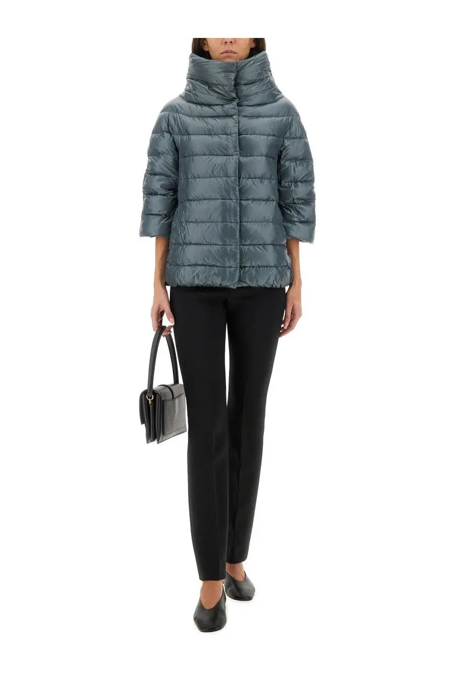 Herno women’s aminta blue teal quilted puffer jacket with high collar and three-quarter sleeves in down material