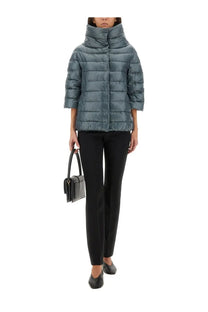 Herno women’s aminta blue teal quilted puffer jacket with high collar and three-quarter sleeves in down material