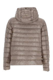 Beige quilted puffer jacket with hood by Herno womens down jacket for cold weather warmth and style