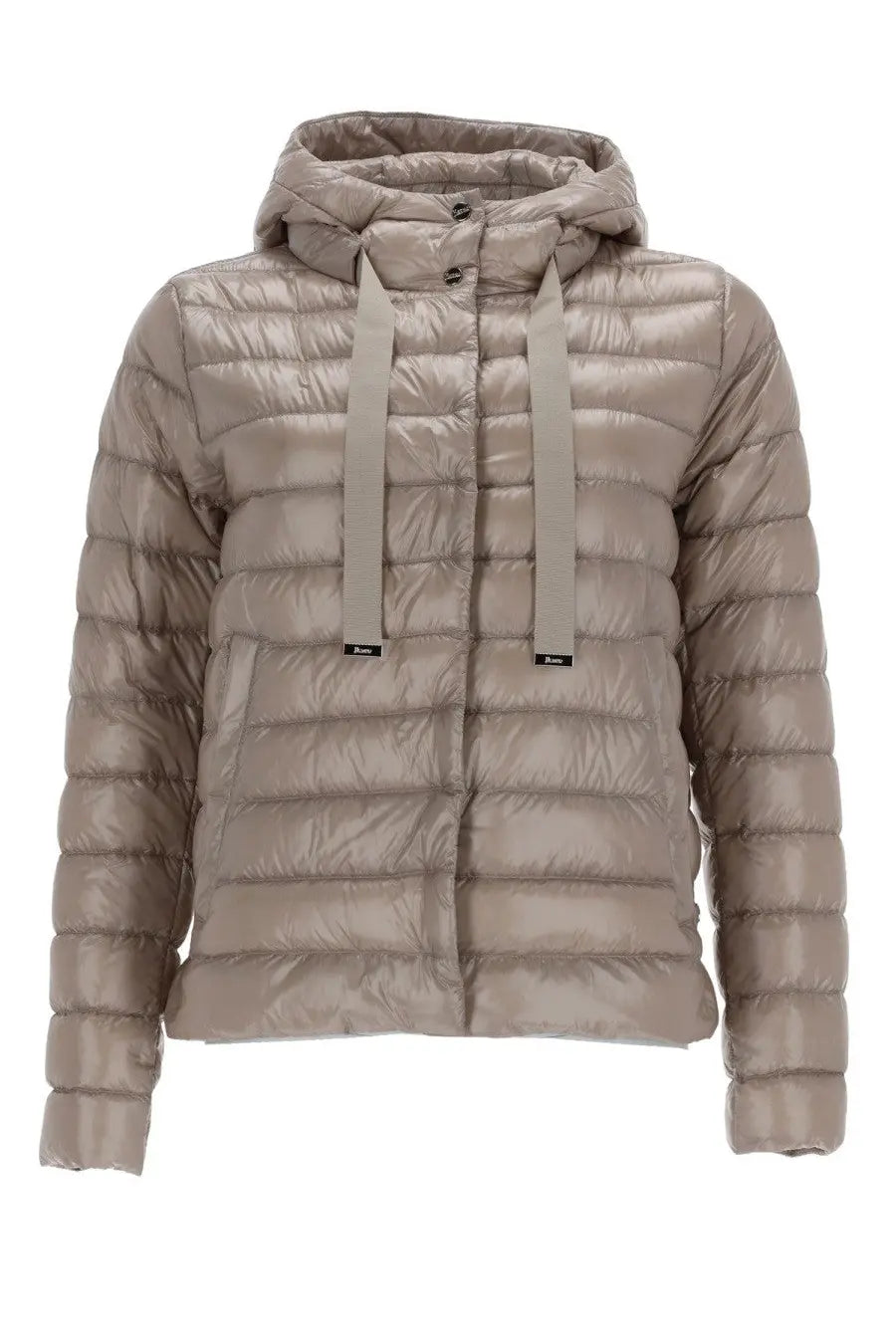 Herno women’s beige quilted down jacket with hood and matching drawstrings made from lightweight material