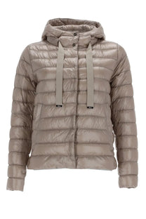 Herno women’s beige quilted down jacket with hood and matching drawstrings made from lightweight material
