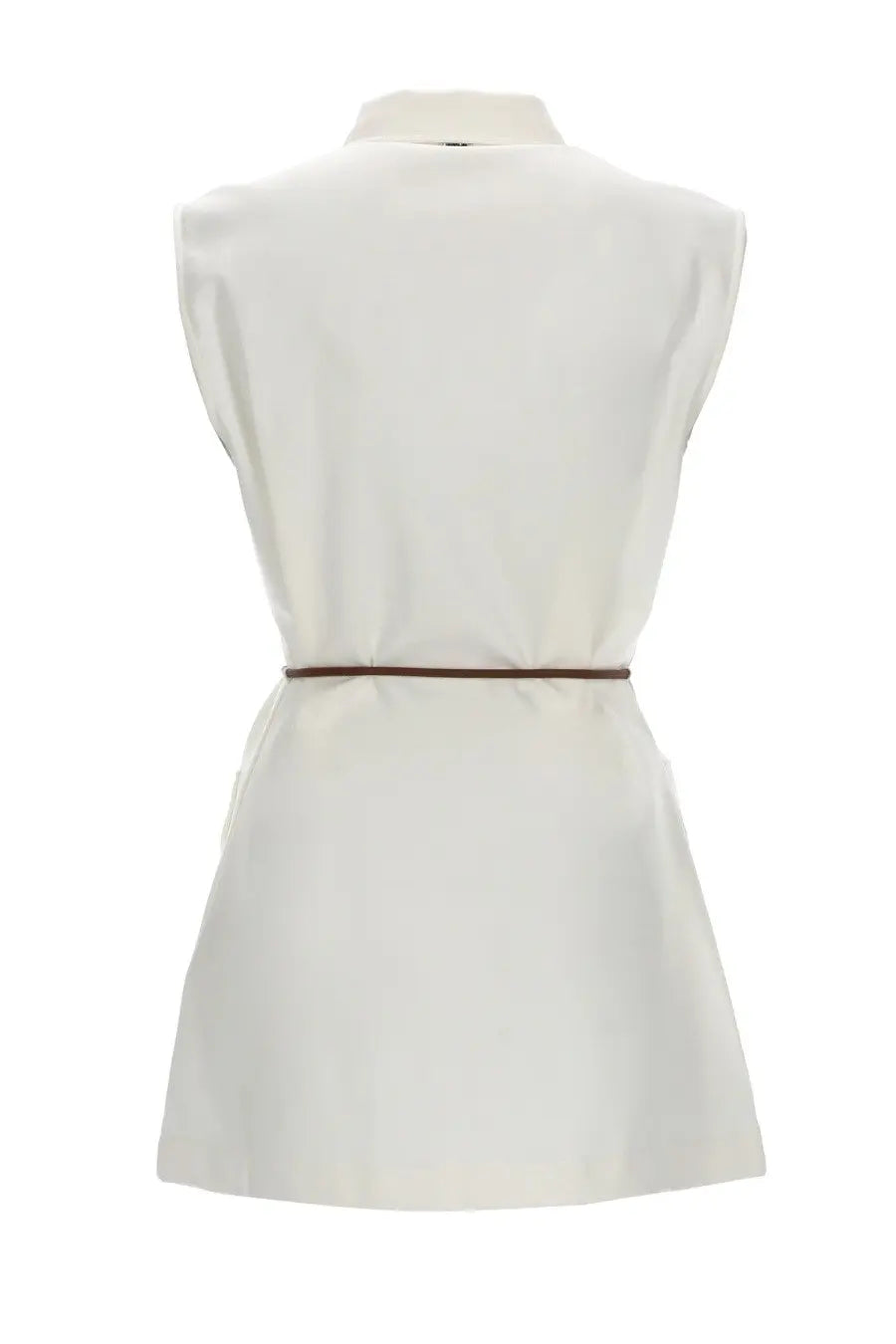Herno women’s white sleeveless shirt dress with classic collar and thin brown belt cinching the waist