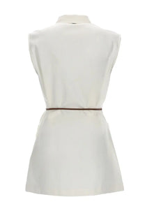 Herno women’s white sleeveless shirt dress with classic collar and thin brown belt cinching the waist