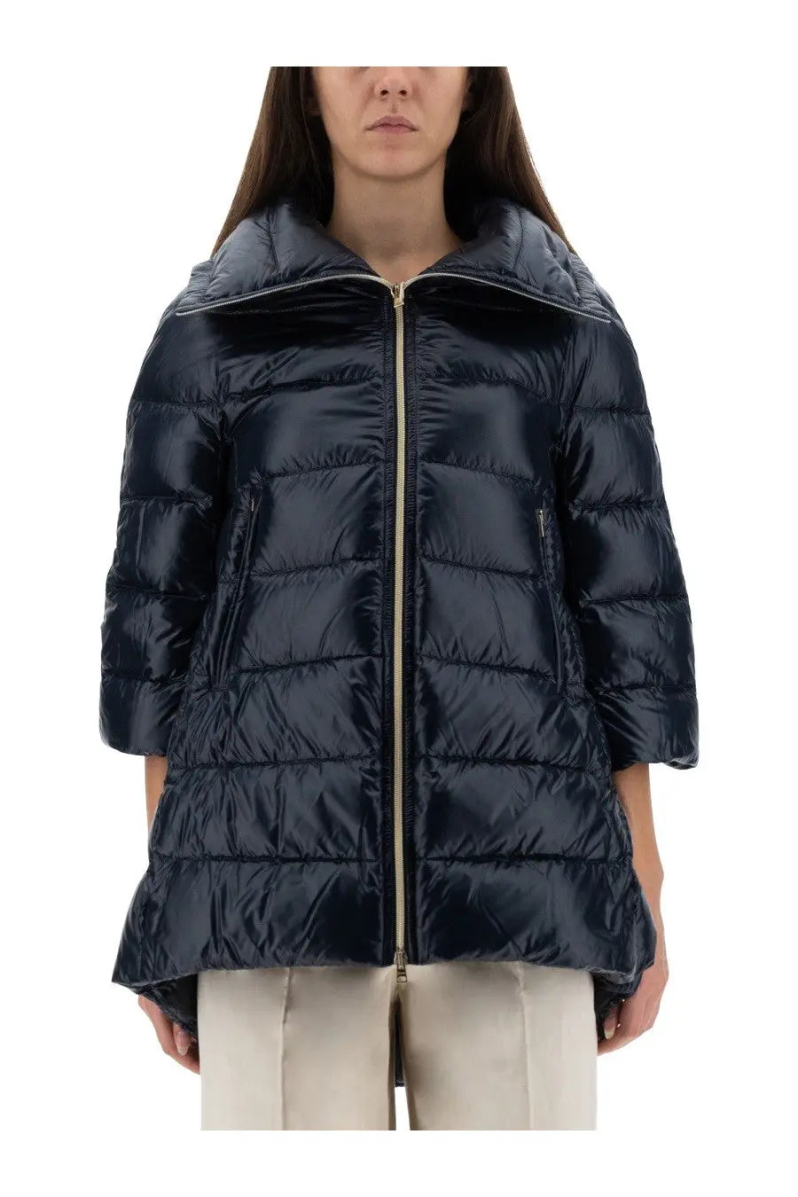 Dark navy quilted puffer jacket with high collar and gold-tone zipper by herno for women