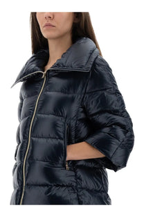 Herno women’s giubbotto shape cleofe navy blue quilted puffer jacket with gold-tone zipper and stand-up collar