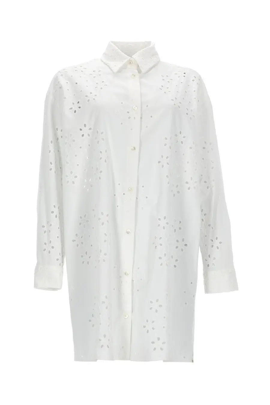 Herno women’s long white button-down shirt with delicate floral eyelet pattern and long sleeves