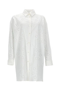 Herno women’s long white button-down shirt with delicate floral eyelet pattern and long sleeves