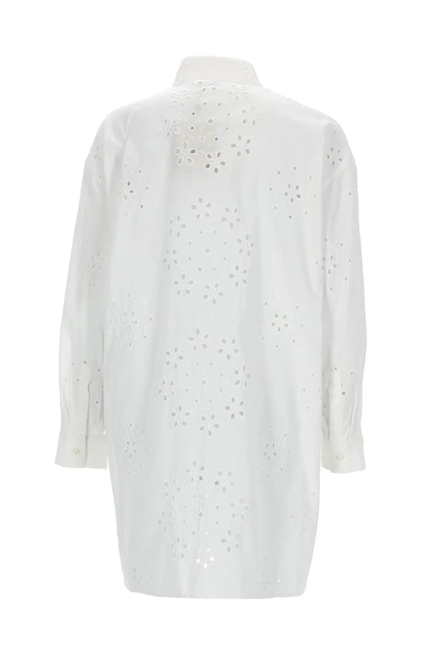 Back side of herno women’s long white shirt dress with classic collar and floral eyelet embroidery across the back