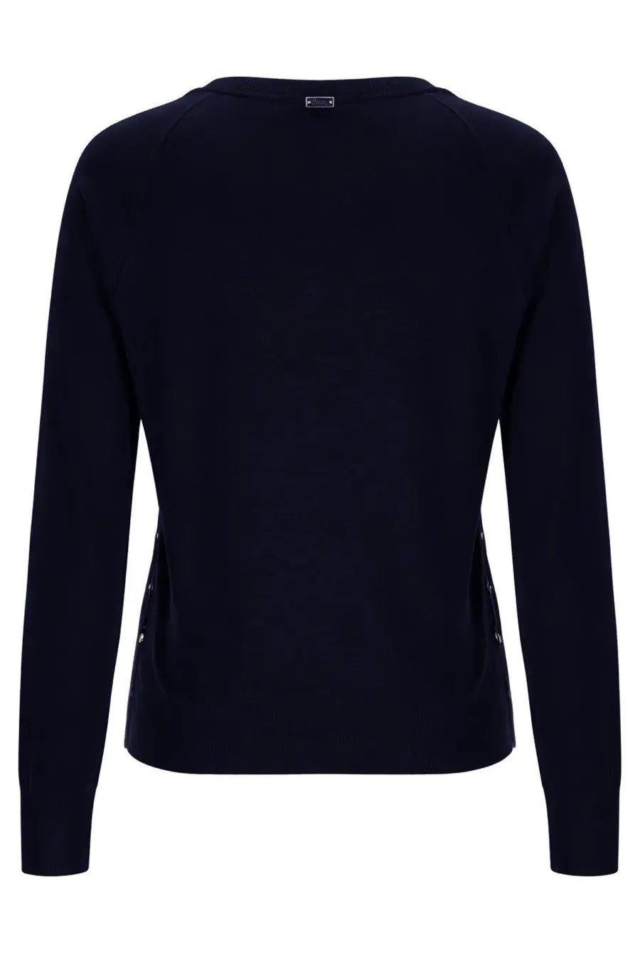 Navy blue Herno women’s long-sleeved sweater with subtle side pockets and small brand tag at the neckline