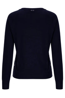 Navy blue Herno women’s long-sleeved sweater with subtle side pockets and small brand tag at the neckline