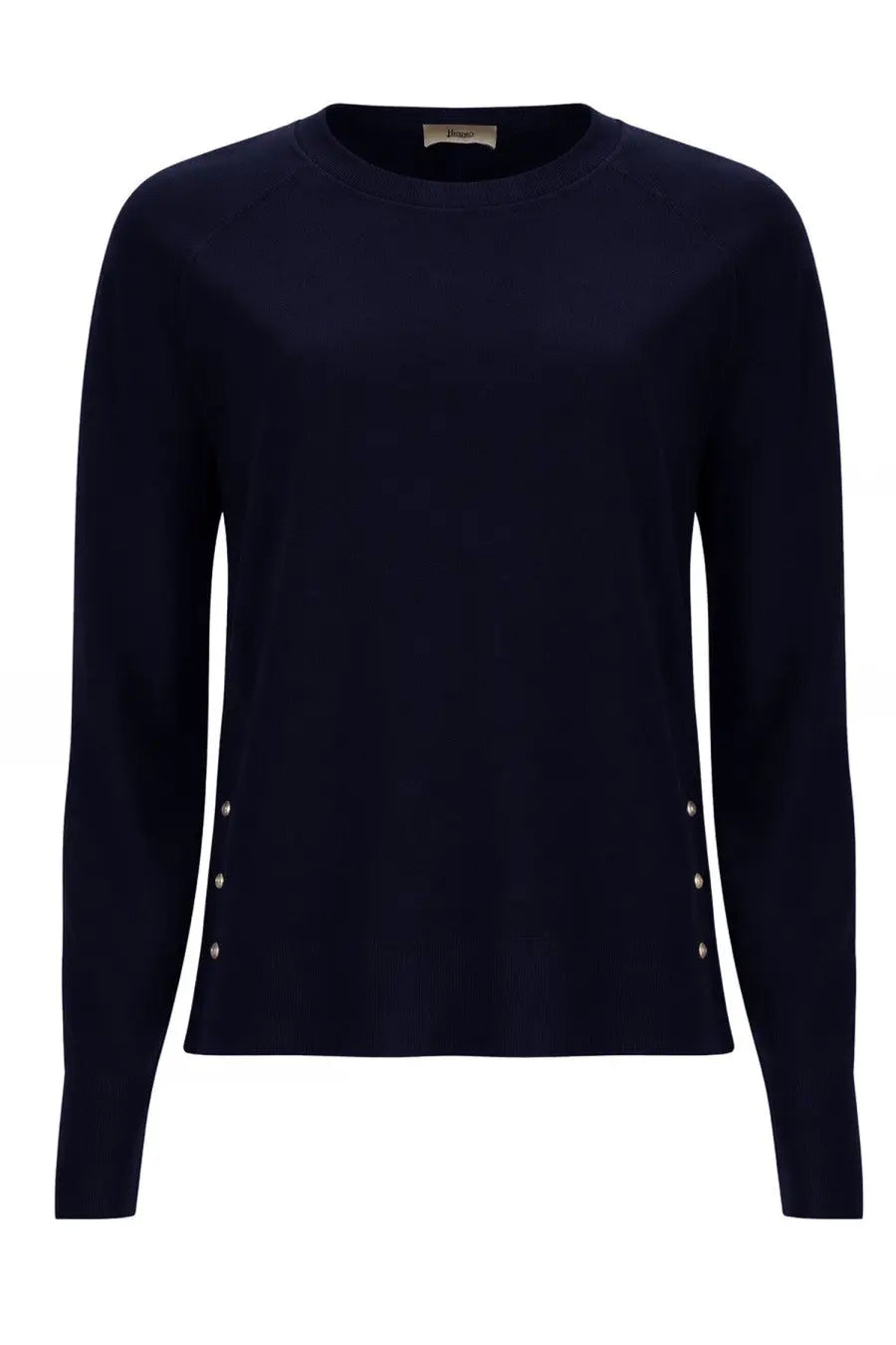 Herno women’s navy blue long-sleeved sweater with silver side seam buttons made from soft knit material