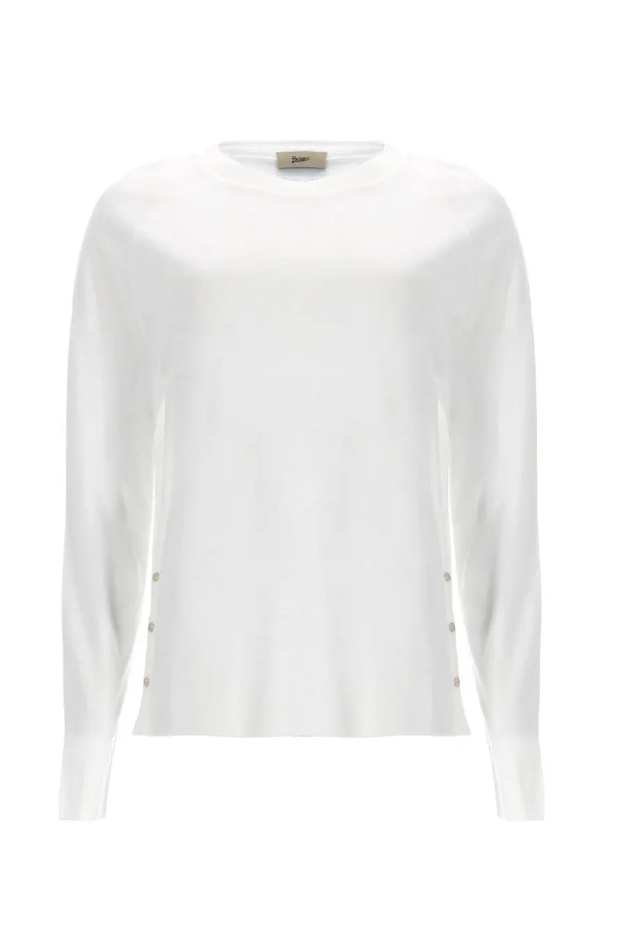 Herno women’s white long-sleeved knit sweater with subtle vertical button detailing along the sides