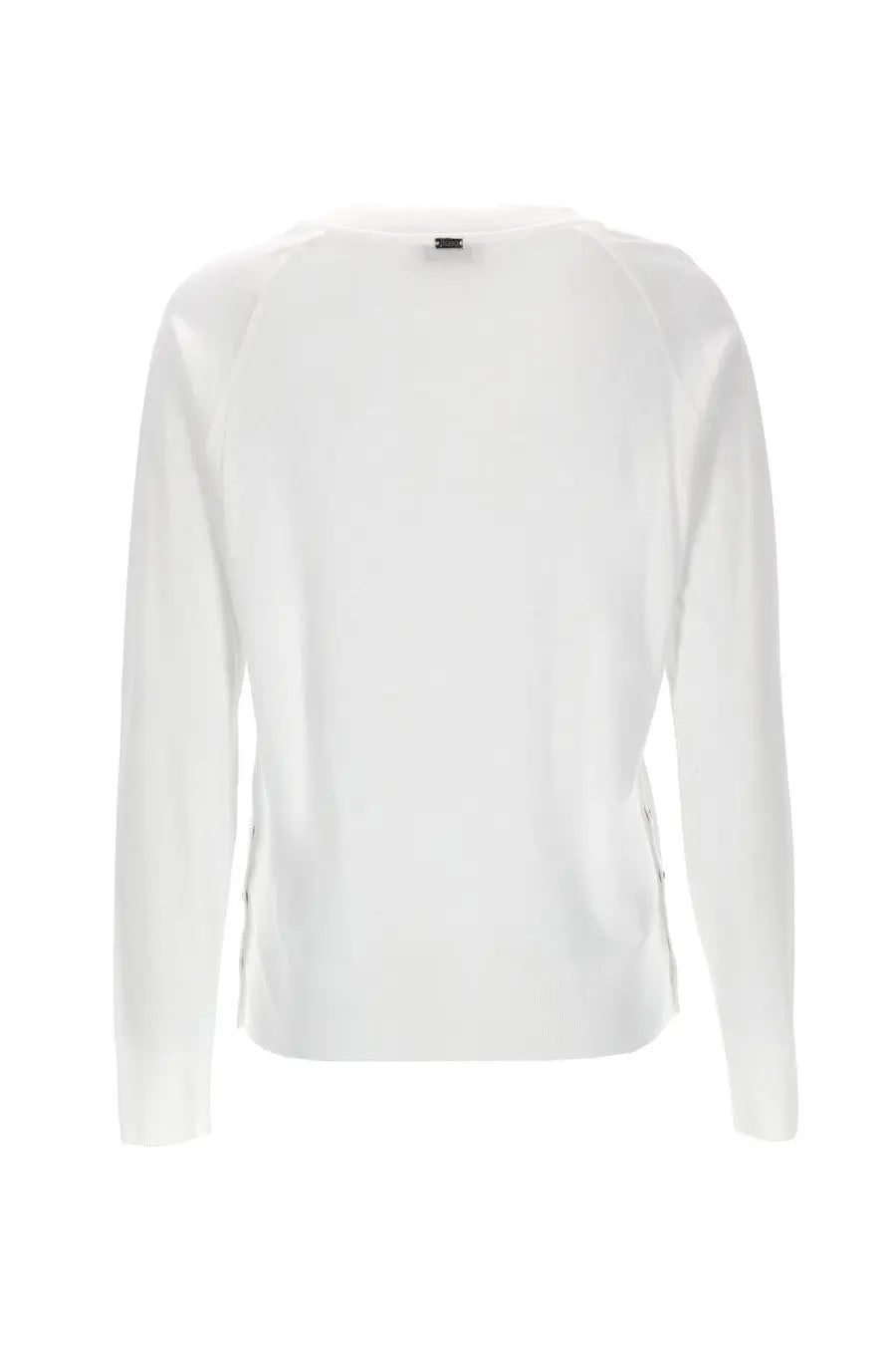 Herno women’s white long-sleeved knit sweater with subtle side zippers and small black brand tag at neckline